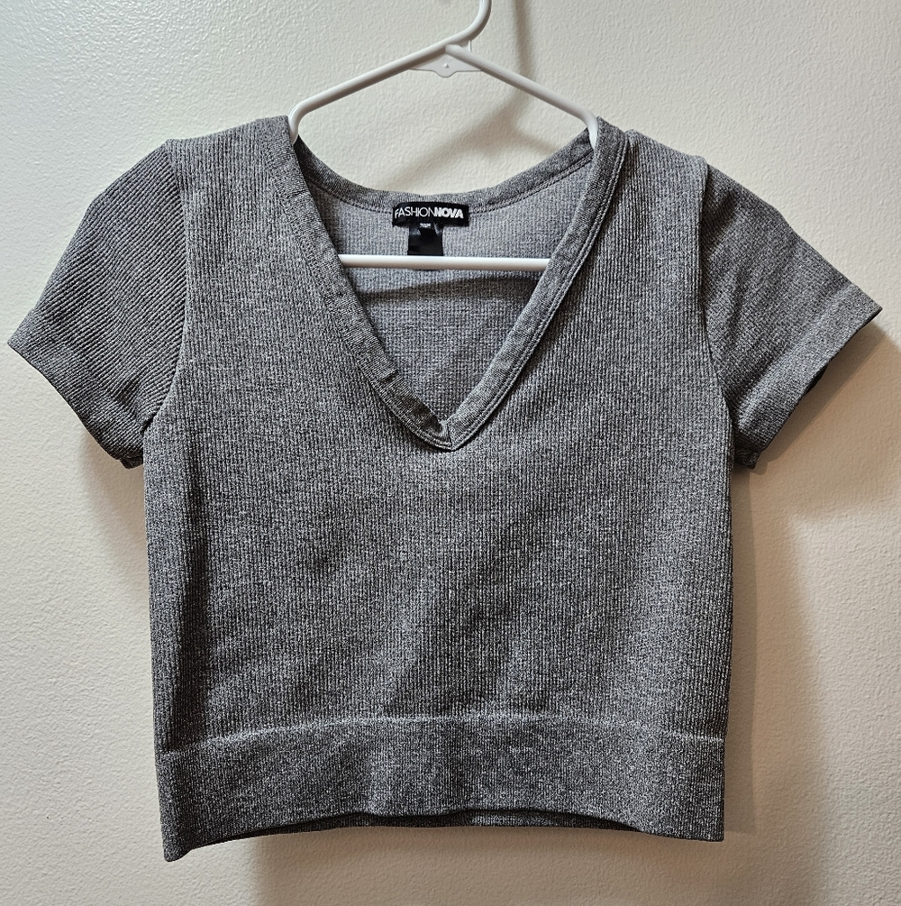 Fashion Nova Charcoal Ribbed V-Neck Crop Top